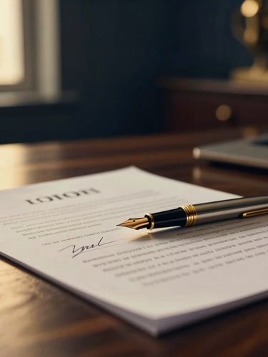 Close-up of a signed corporate contract with a premium gold fountain pen resting on it, luxury dark wood desk, warm golden lighting, shallow depth of field, professional legal atmosphere