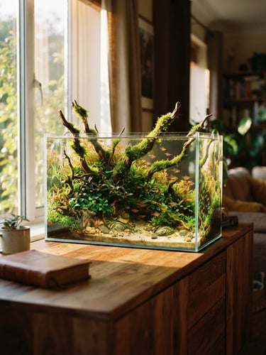 A warm sunlit living room with golden-hour light filtering through a window, illuminating a beautifully aquascaped glass tank with natural driftwood and lush green moss on a wooden credenza, 35mm film.