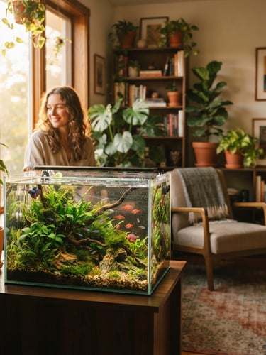 Warm editorial portrait of a sunlit living room with a clear glass aquarium, golden-hour window light, rich organic tones, shallow depth of field, 35mm film