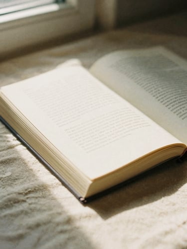 A closed devotional book resting on a textured cream linen cloth, soft morning window light casting long shadows, warm earth tones, 35mm film texture