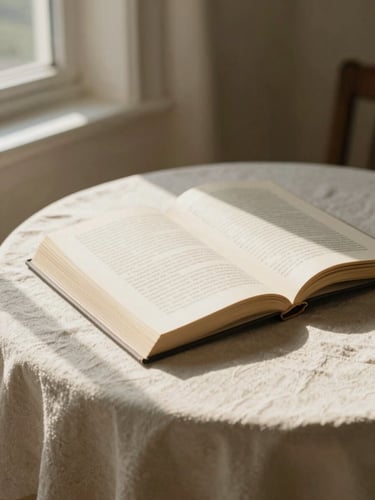 A single open book resting on a soft cream linen tablecloth, warm morning light casting long soft shadows from a window, peaceful quiet mood.