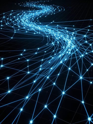 A crisp, high-contrast digital abstract visualization of interconnected nodes and glowing electric blue data streams flowing through a dark grid, wide angle, architectural scale.