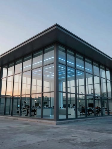 Wide-angle architectural view of a futuristic research pavilion, structural glass and steel, cool daylight with sharp electric blue linear lighting accents.