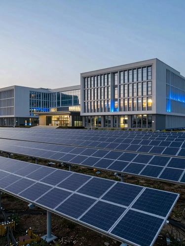 Cool crisp daylight illuminating a state-of-the-art clean energy array integrated with modern university architecture, subtle electric blue ambient light, wide angle