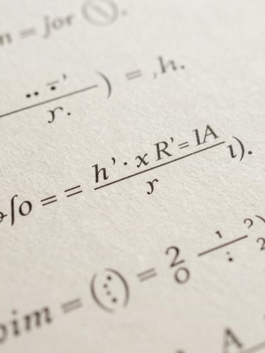 Macro close-up of printed mathematical formulas and editorial typography on crisp cream paper, natural diffused library daylight, high-contrast precise details.