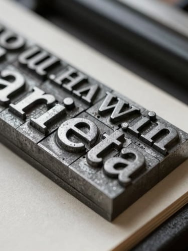 Macro photograph of historical printing press metal typeset, ink textures on cold-pressed paper, cool library lighting, sharp focus on editorial characters.