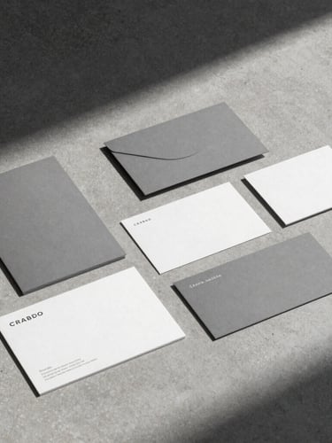 Architectural brand identity collateral arranged on a smooth concrete surface, sharp shadows from soft overhead light, minimalist gray and white palette.