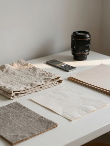 A quiet studio corner in Cheyenne with soft indirect northern daylight illuminating samples of linen, paper stocks, and architectural details on a white table