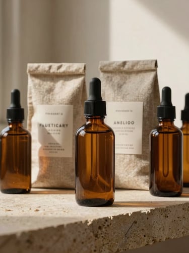 Amber glass bottles and organic linen packaging for an apothecary line, styled on a warm taupe stone slab under soft window light.