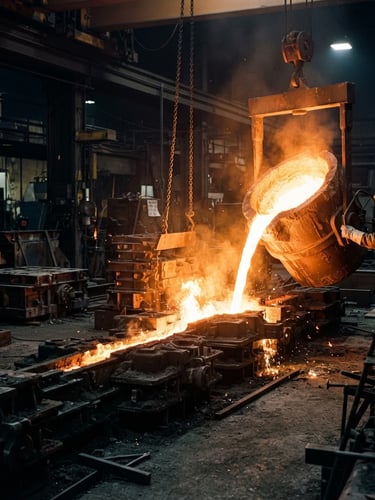 Dramatic industrial photography of a molten metal pour on the right, intense orange glow of liquid steel reflecting off dark workshop molds, sharp focus, 35mm lens