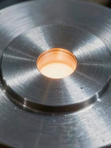 Extreme close-up of a machined metal surface showing precise circular milling patterns, cool metallic light, sharp focus, 35mm lens