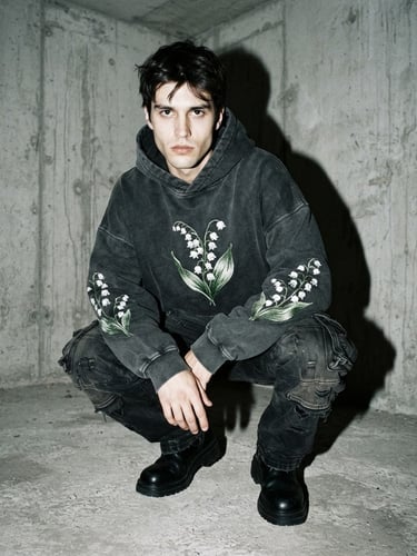 Model in heavyweight graphic hoodie with lily of the valley embroidery, shot with high-contrast direct flash against a raw concrete wall, desaturated tones, 35mm film grain, low-angle wide shot.