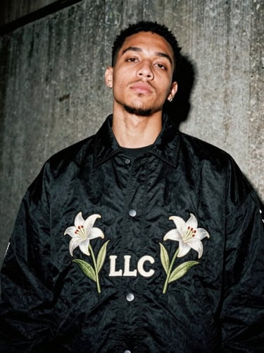 Gritty portrait of a young subculture collector, wearing a Money Gang LLC heavyweight garment with visible lily of the valley embroidery, standing in a raw urban alleyway, high-contrast direct flash, 35mm film grain, low-angle shot, portrait aspect.