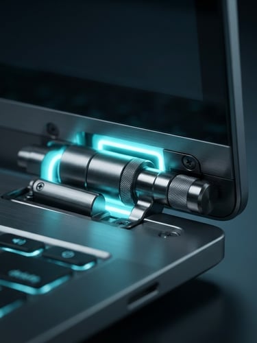 Sleek modern laptop hinge with cool electric-cyan neon backlighting, metallic textures, sharp focus, portrait studio shot