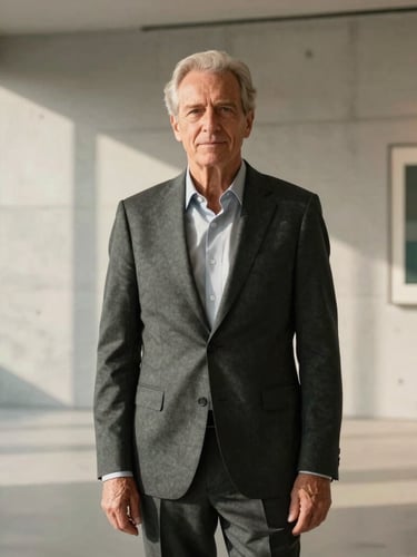 A refined portrait of a senior real estate partner in a tailored charcoal suit, standing in a sunlit modern gallery with concrete walls, soft side lighting, 35mm
