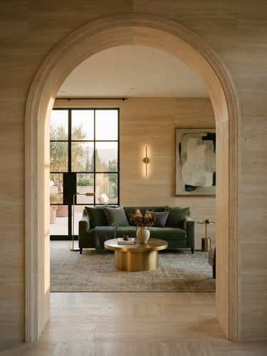 Symmetrical architectural arch framing a soft golden-hour interior, beige travertine walls, minimalist brass details, 35mm photography