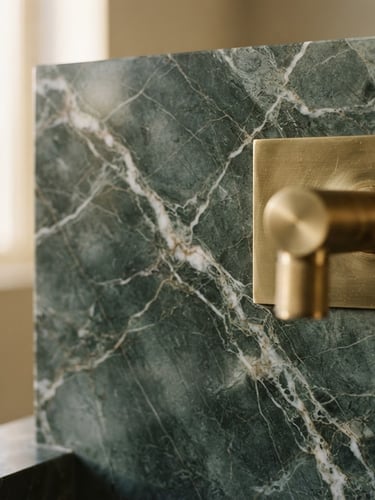 Tactile close-up of premium green marble veining against brushed brass fixtures, soft morning side light, 35mm architectural detail