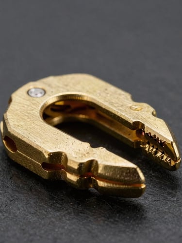 Extreme macro portrait of interlocking raw brass claw clip teeth, high-contrast directional studio lighting highlighting metallic luster and precise mechanical alignment, dark slate background.