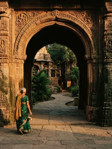 Warm editorial photography of an ancient South Asian stone archway, soft golden hour light casting long shadows, rich deep emerald and ochre tones, elegant heritage aesthetic, 35mm.