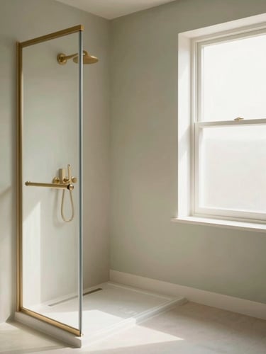 Warm editorial photography of a bright, light-filled bathroom with a sleek walk-in shower, elegant light oak accents, a minimalist sage green wall, and a subtle matte-gold safety bar under soft morning window light.