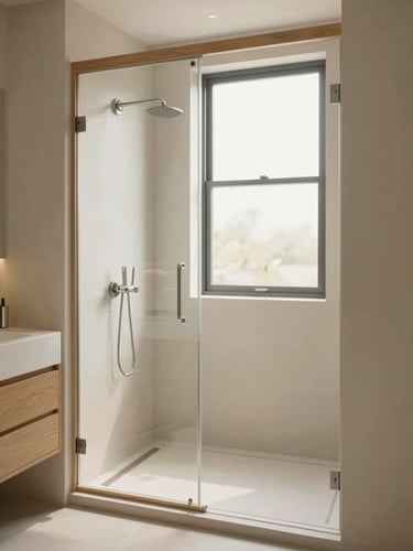 Bright modern bathroom interior, elegant walk-in shower with light oak accents, soft natural window light, warm editorial photography