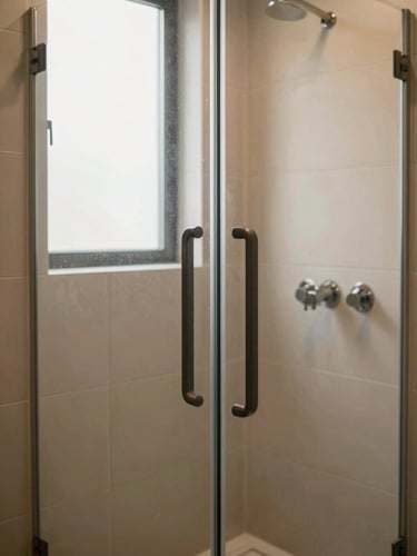 Elegant modern walk-in shower with matte grab bars, warm beige tiles, soft daylight coming from a window, high-contrast editorial photography, 35mm