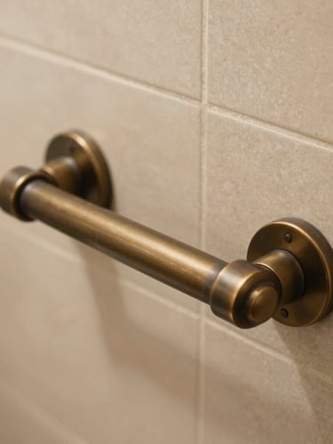 Detailed close-up of a matte bronze grab bar mounted on a warm beige tiled wall, soft natural bathroom light, high-contrast, elegant craftsmanship, 35mm.