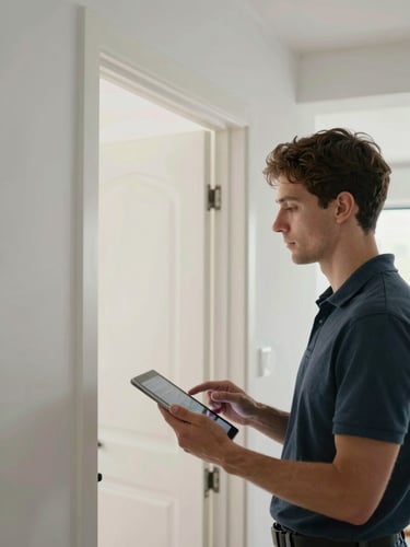Professional inspector holding a tablet while examining a door frame in a freshly painted modern apartment, controlled soft lighting, overhead angle slightly, no text or watermarks