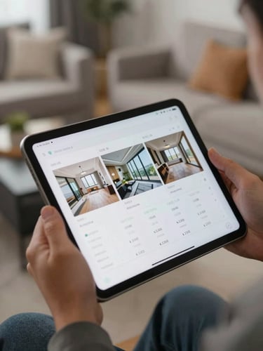 Close-up of a professional's hands holding a tablet displaying a property inspection report with timestamped photos, modern apartment living room out of focus in the background, soft controlled lighting emphasizing the screen clarity, no text visible