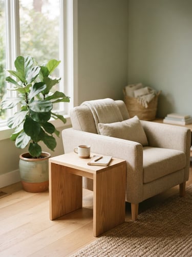 Soft sunlit therapy room with natural wood and a green plant, warm minimalist editorial photography, shallow depth of field