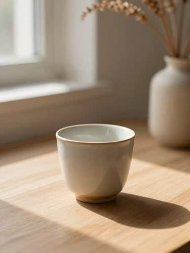 A close-up shot of a ceramic cup on a wooden table, soft shadows from a window, dry botanical stems in a vase, warm beige tones, minimalist editorial style.