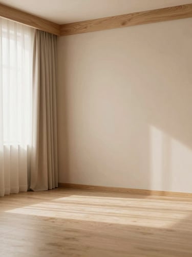Wide shot of a calm, warm minimalist therapy room with oak wood accents and soft beige curtains, diffused daylight