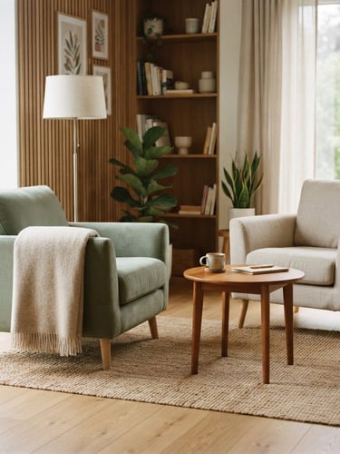 Soft diffused daylight, warm interior of a modern calm therapy room with two comfortable chairs facing each other, natural wooden textures, 35mm photography