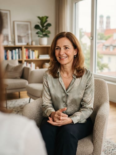 Warm editorial portrait of a female psychotherapist in a sunlit, modern Munich office, soft natural daylight, shallow depth of field