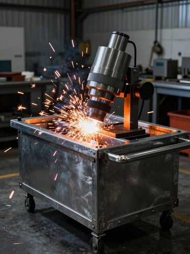 Dramatic high-contrast workshop photography, a raw steel food cart chassis under welding sparks, safety-orange glow, sharp 35mm lens