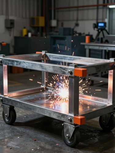 Industrial workshop photography, dramatic high-contrast workshop lighting, sharp focus on a heavy-duty steel food cart chassis under welding sparks, cool steel tones, safety-orange accents