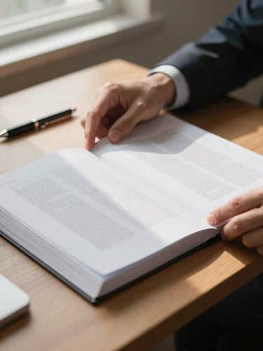 Close-up of hands turning pages of a printed report on a wooden desk, a pen resting alongside, soft natural light from an off-frame window casting gentle shadows, professional environment implied by the surrounding materials