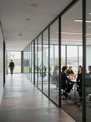 Environmental shot of a modern Dutch office corridor, glass-walled meeting room visible to the right with people in quiet discussion around a table, natural daylight flooding through large windows, architectural lines clean and minimal