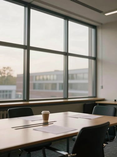 Wide environmental shot of a Dutch professional office interior, natural daylight falling through tall windows onto a conference table with papers and a coffee cup, two chairs pulled slightly apart as if a meeting just ended, warm afternoon light, no people visible