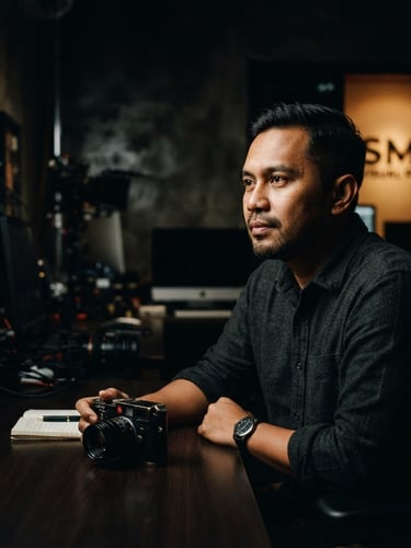 Dramatic high-contrast portrait of Andi Siboro, Founder & Creative Director of SMC Visual Prods, looking thoughtfully off-camera, deep shadows, cinematic lighting, warm moody tones, anamorphic lens, 35mm grain, positioned to the right.