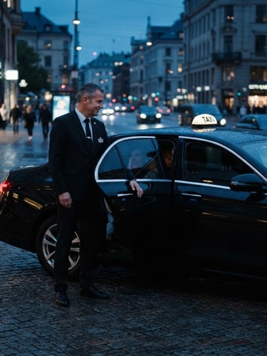 Professional taxi driver in neat uniform opening the door of a spotless modern black sedan at dusk, cinematic blue-hour lighting, deep midnight tones, sharp details, 35mm lens, realistic