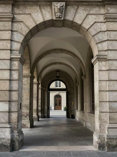 Wide corridor view of Cours des Bastions 13 building entry, Geneva — stone archway framing a quiet interior hall, natural north-facing daylight, no figures, muted tones