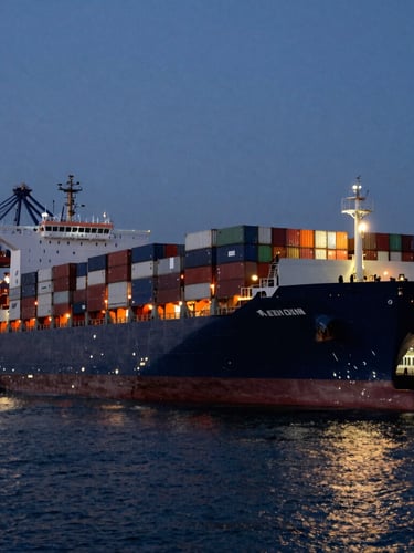 Cinematic industrial photography of a massive container ship docked at a deep-water port during twilight, sharp focus, 35mm lens, safety-orange accent lights reflecting on dark navy water.