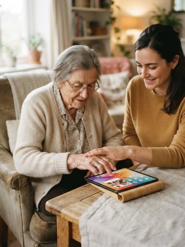 Warm editorial photography of a patient helper gently guiding an elderly woman's hand on a tablet screen, soft natural indoor lighting, warm cream tones, 35mm lens