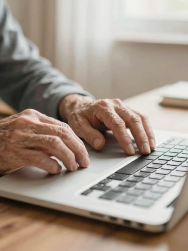 A close-up of patient hands gently guiding an older hand on a laptop trackpad, warm indoor lighting, soft focus, professional 35mm photography.
