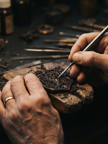 Close-up of a master jeweler's hands meticulously carving intricate gold filigree onto a wax mold, warm directional side-lighting, rich champagne and deep charcoal tones, macro depth of field.