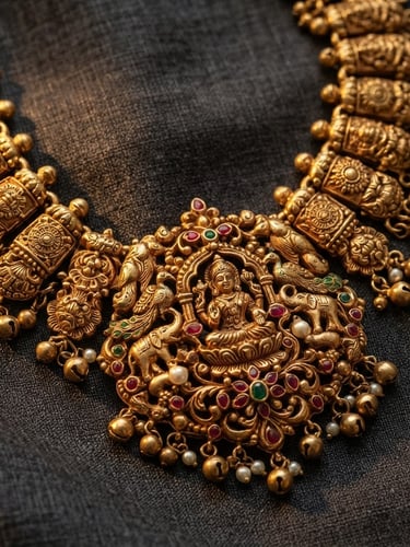 Macro shot of a solid, heavy 22kt gold temple necklace, intricate ancestral motifs, warm directional side-lighting, rich champagne tones, extreme depth of field, showcasing texture and weight.