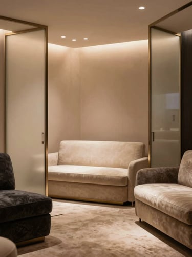 Portrait shot of a softly lit, empty, elegant private showroom suite, warm directional side-lighting, frosted glass partitions, plush seating, deep charcoal and ivory tones, emphasizing exclusivity and intimacy.
