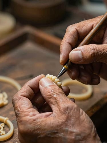 Portrait-oriented close-up of master craftsman's hands, aged and skilled, delicately detailing a wax mold for a temple jewelry motif, warm directional side-lighting, rich textures, deep charcoal and champagne gold tones, authentic, focused.