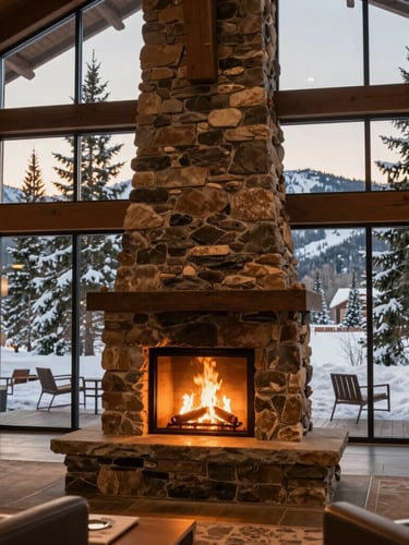 A warm, glowing stone hearth inside the modern clubhouse of a luxury resort, large glass windows showing snow-dusted pine trees and mountain wilderness outside at twilight, 35mm editorial photography